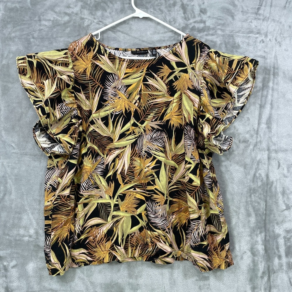 Rafaella Womens Size 2X Tropical Palm Leaf Linen Blend Ruffle Sleeve Blouse